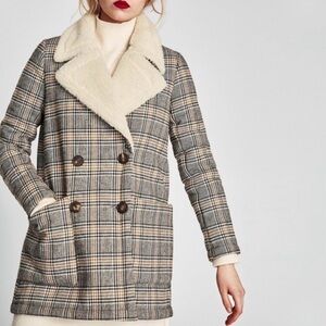 NEW! Zara Plaid Sherpa Double Breasted Button Pocket Jacket Coat Women’s Medium